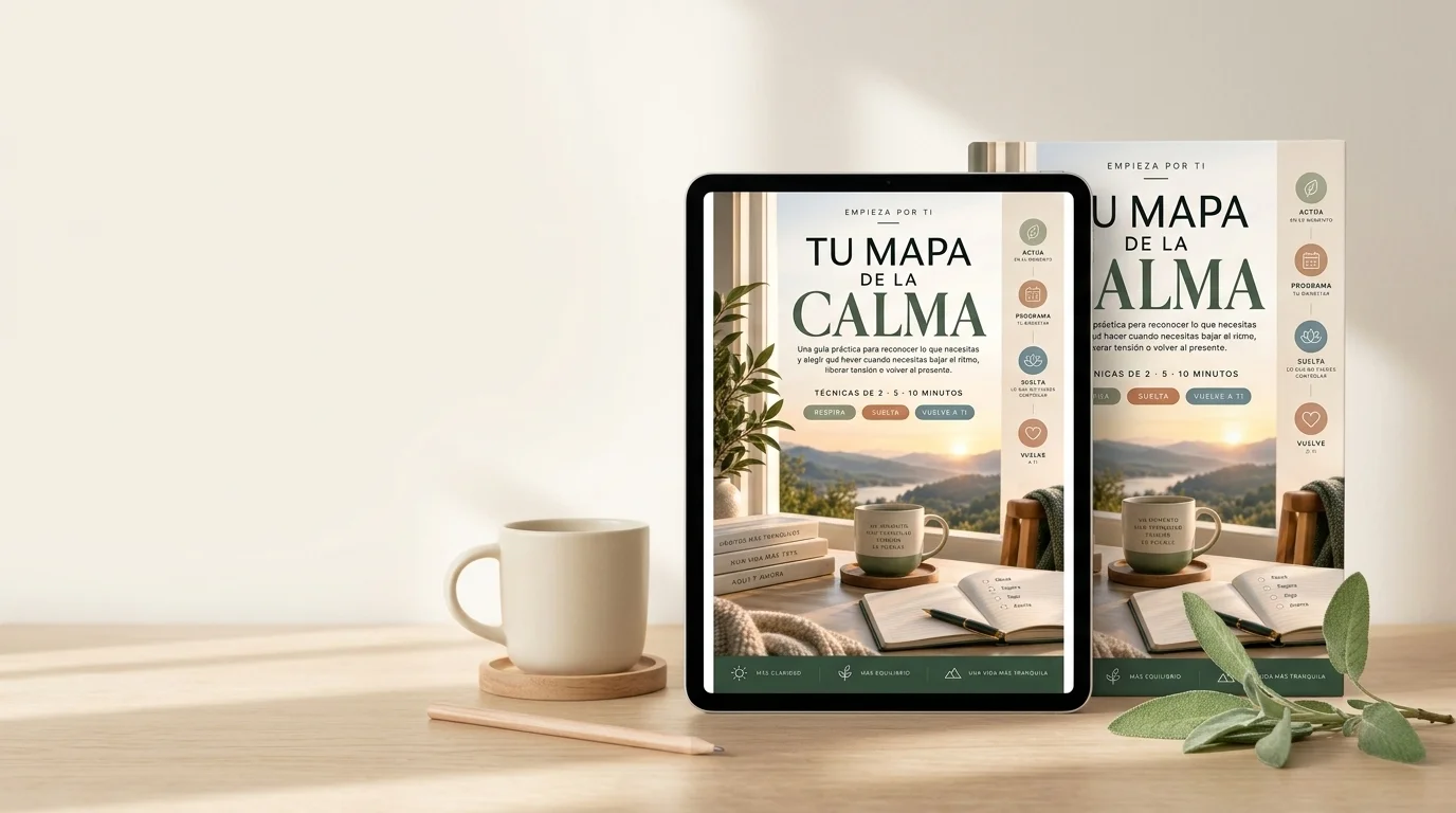 Tu Mapa de la Calma en una tablet junto a una taza y hojas naturales