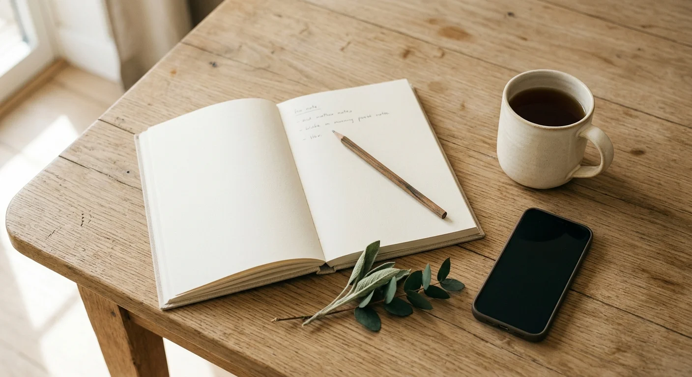 Libreta con lápiz, una taza y un teléfono boca abajo