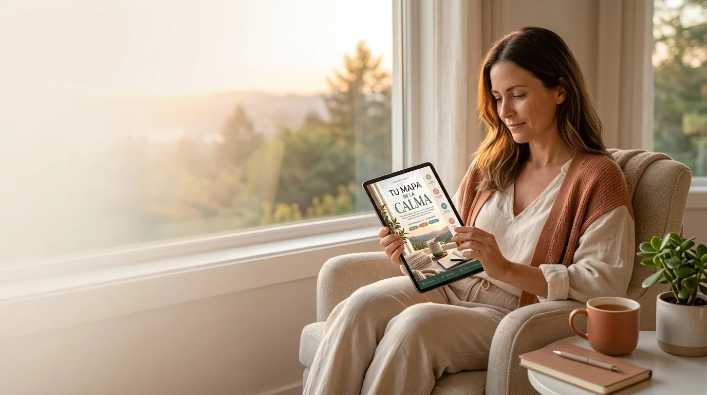 Mujer sentada junto a una ventana sosteniendo Tu Mapa de la Calma en una tablet